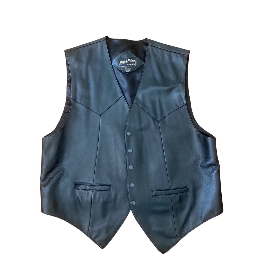 Katch Me Too West Mens Black Genuine Leather Western Snap‎ Button Vest XXXL